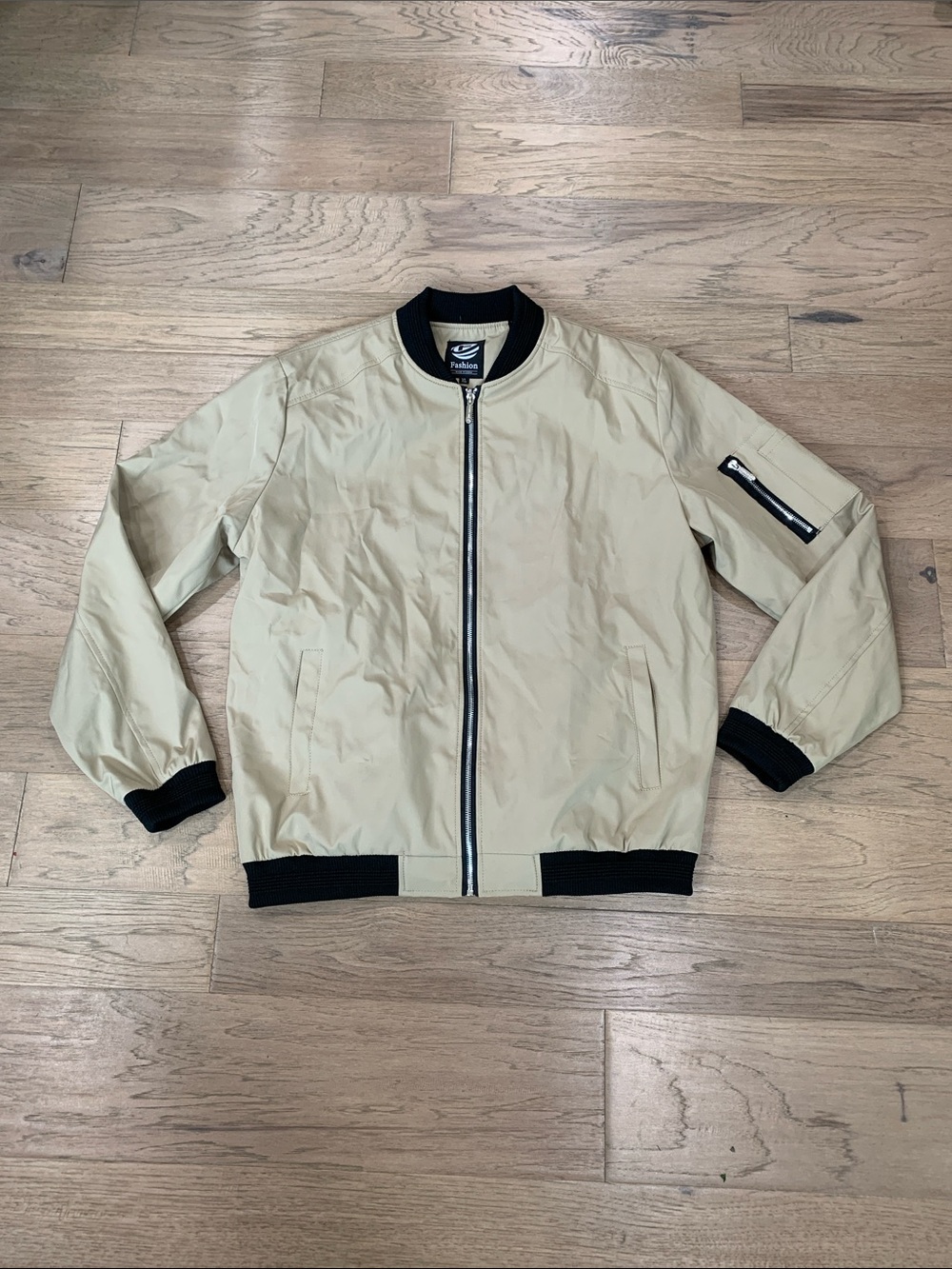Men's Fashion Beige Bomber Jacket with Black Trim Size XL